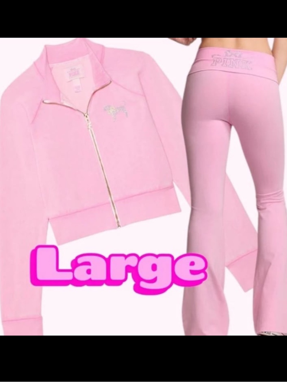 PINK × LoveShackFancy LARGE Full Zip PINK LOLLIPOP BLING & FLARE LEGGINGS